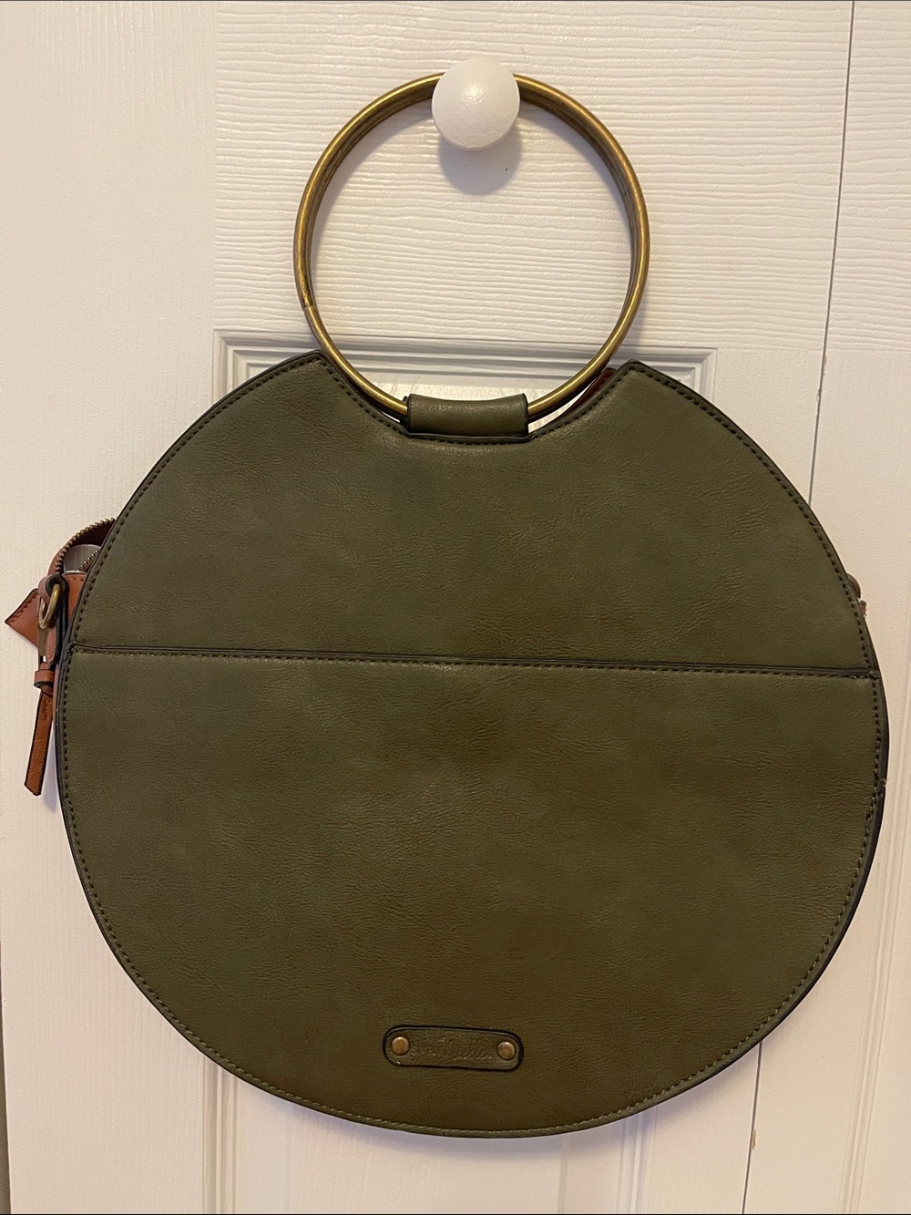 Olive Green Round Tote with Gold Ring Handle - Women Bags